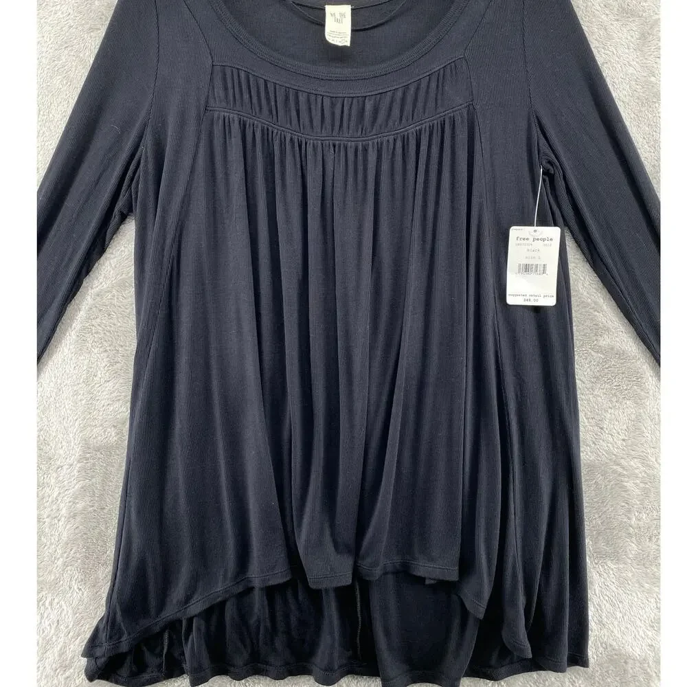We The Free Black Long Sleeve Swing Tunic Top Ribbed Babydoll Size Large NWT